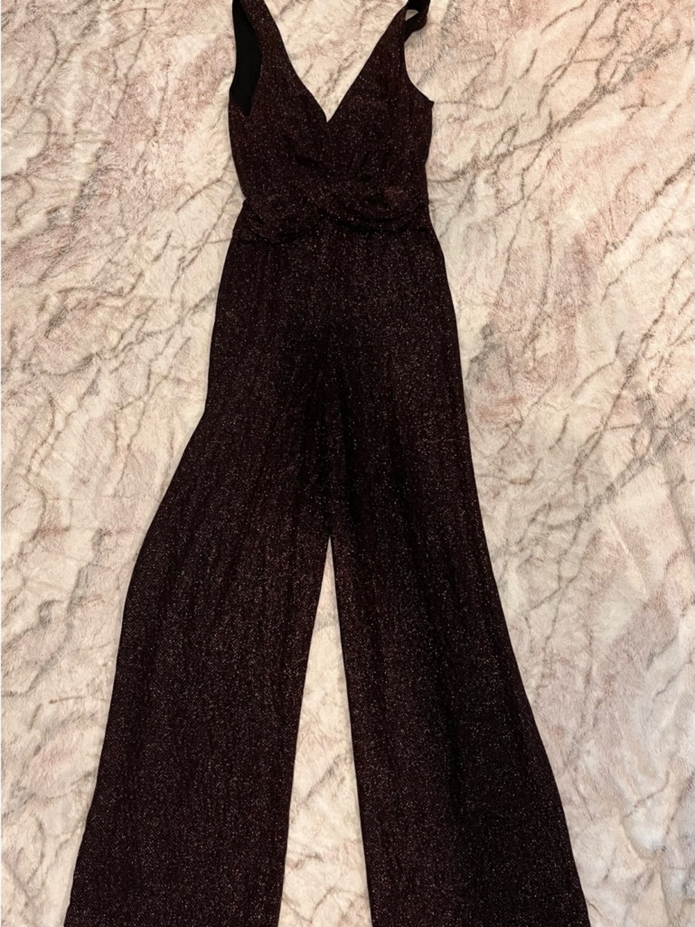 Candie's Sparkle V-Neck Wide-Leg Jumpsuit in Shimmery Black and Copper